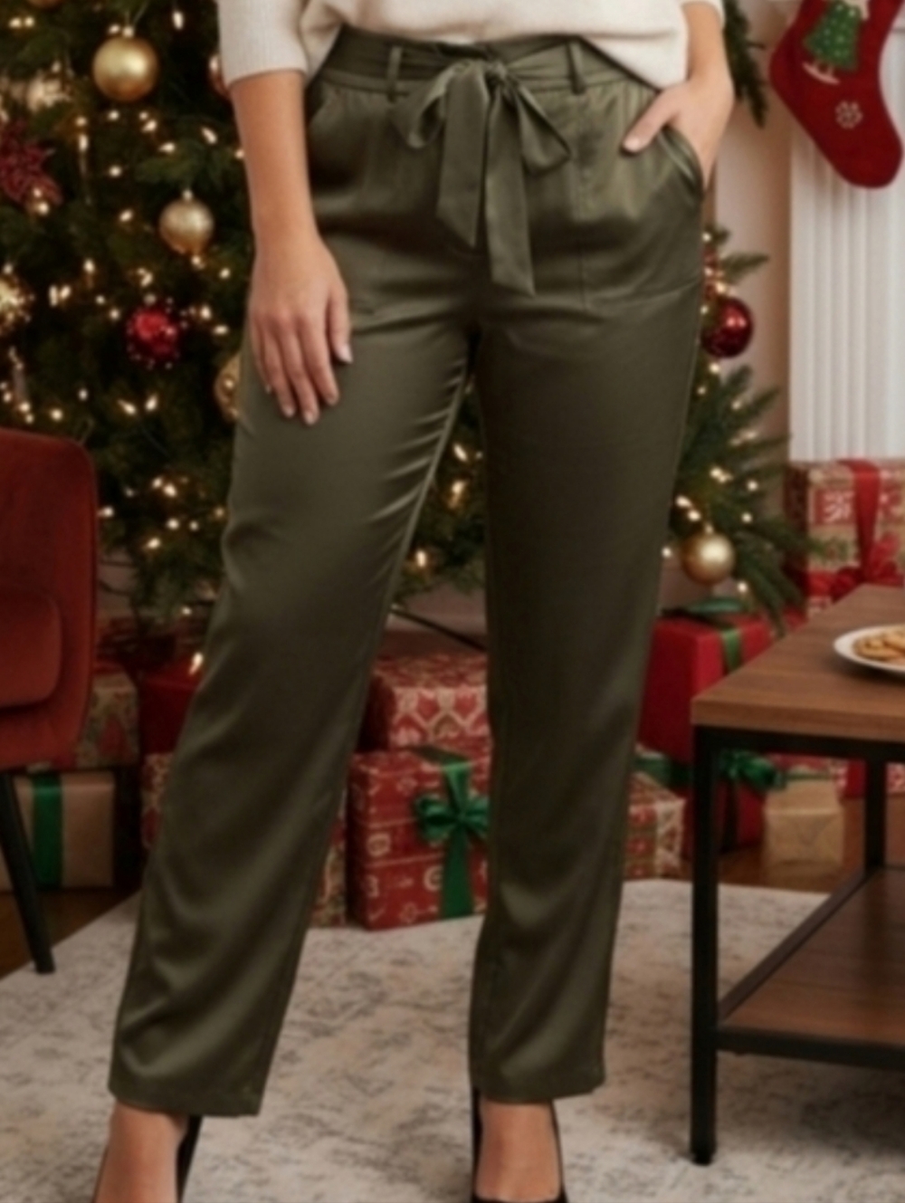 Joie Satin Green Straight Ankle Pants Waist Sash NWT